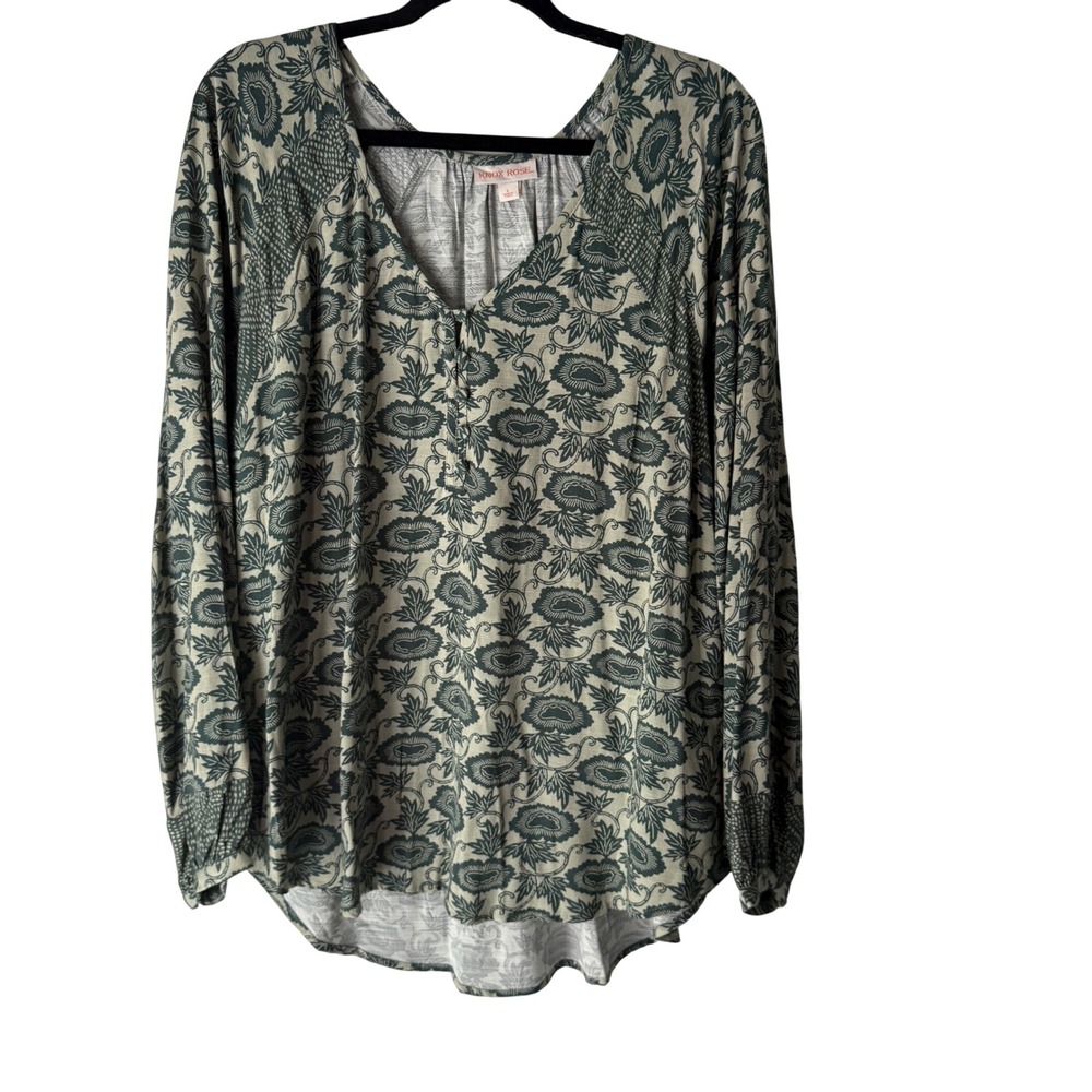 Knox Rose Womens Long Sleeve‎ Floral Print V Neck Tunic Top Size L Peasant Boho